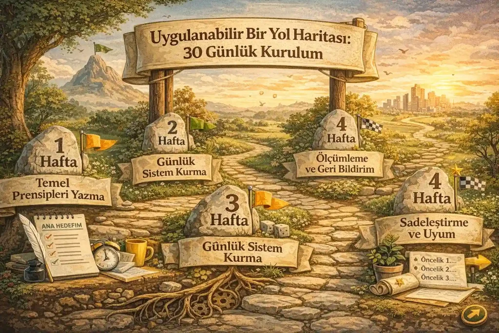 Dört haftalık bir süreci simgeleyen yol haritası; kilometre taşları, notlar ve sembollerle planlı ve aşamalı bir kurulum sürecini anlatan yatay illüstrasyon